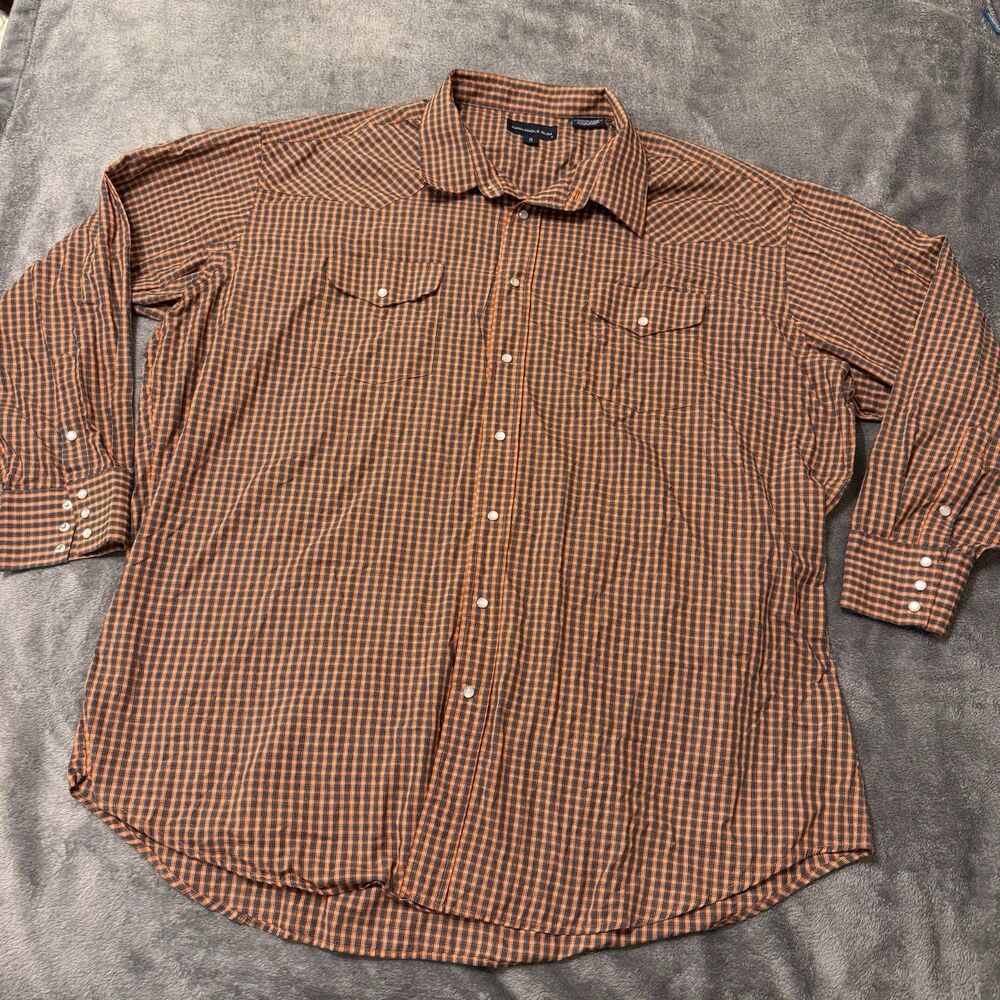 Panhandle Slim Men's Long Sleeve Size 19 / 37 Orange & Blue Plaid‎ Pearl Snap